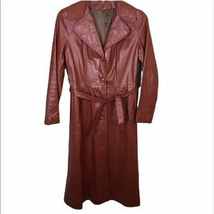 Vintage brown leather trench coat with waist tie
